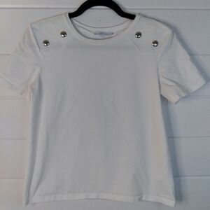 Zara white shorter length tee w thicker/ stiffer upper panel with silver studs
